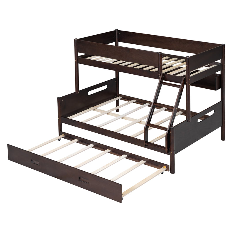 Wood Twin over Full Bunk Bed with Storage Shelves and Twin Size Trundle, Espresso