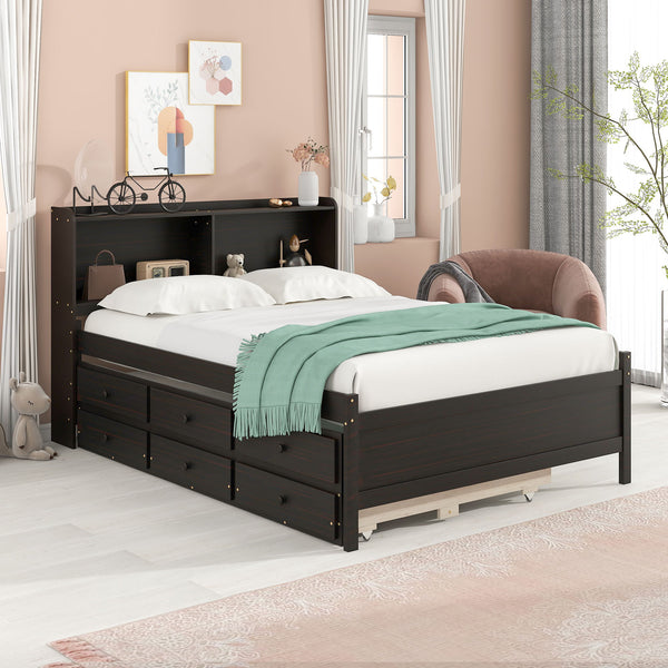 Full Bed With Bookcase, Twin Trundle, Drawers - Espresso