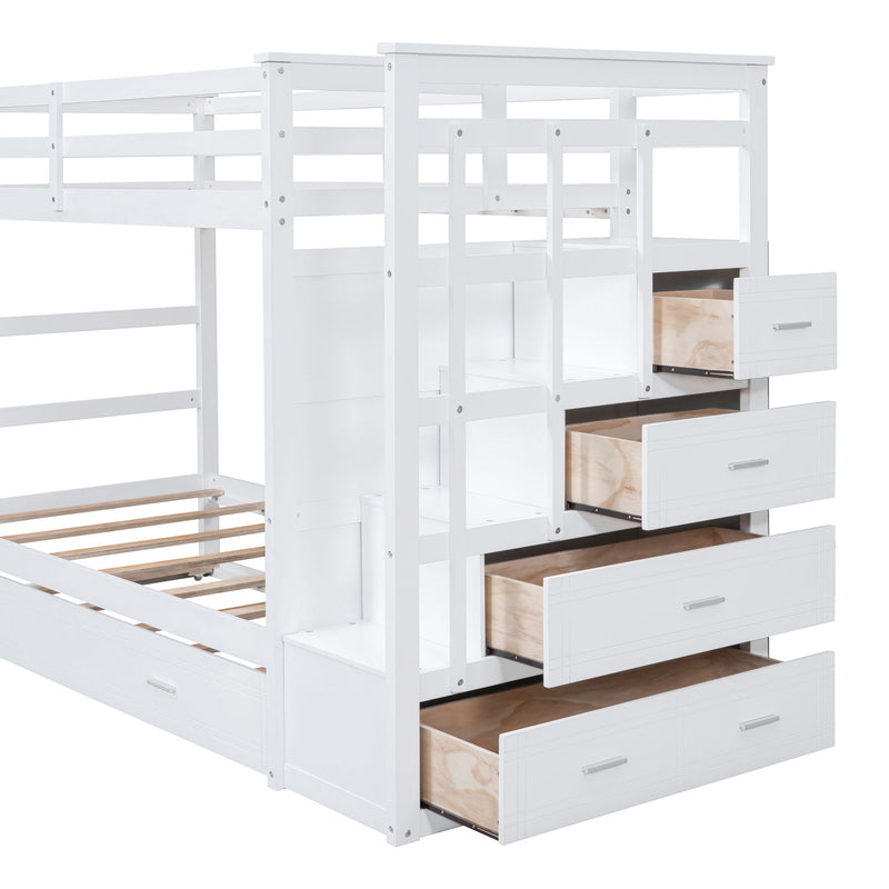 Twin Over Twin Bunk Bed With Trundle And Staircase - White