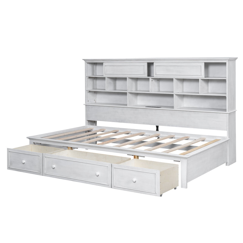 Twin Size Wood Daybed with Multi-Storage Shelves, Charging Station and 3 Drawers, Antique White