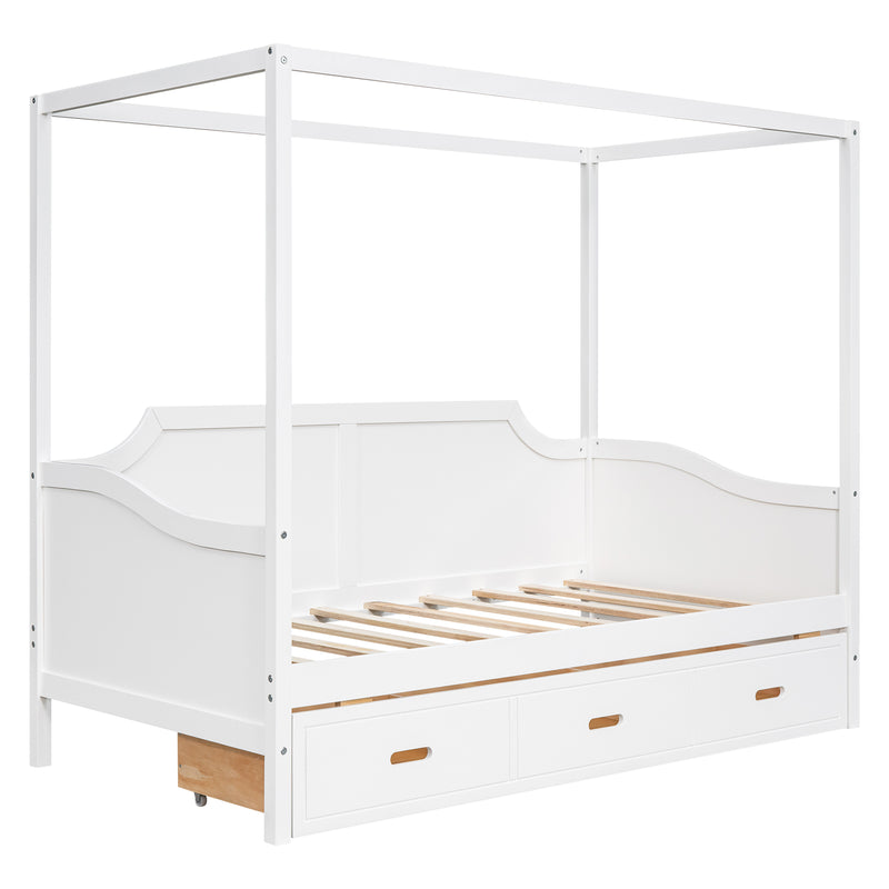 Twin Size Wooden Canopy Daybed with 3 in 1 Storage Drawers,White