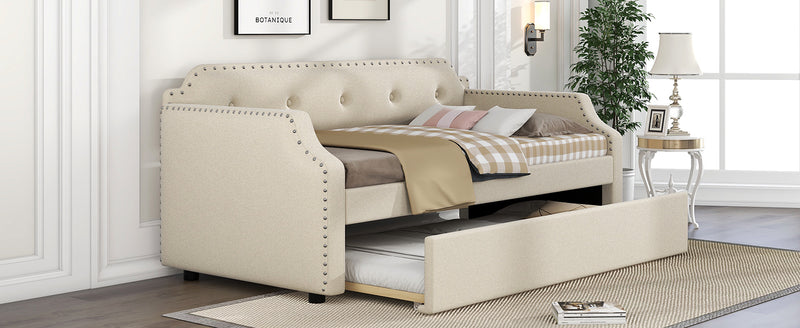 Upholstered Daybed with Trundle, Wood Slat Support,Upholstered Frame Sofa Bed, Twin, Beige