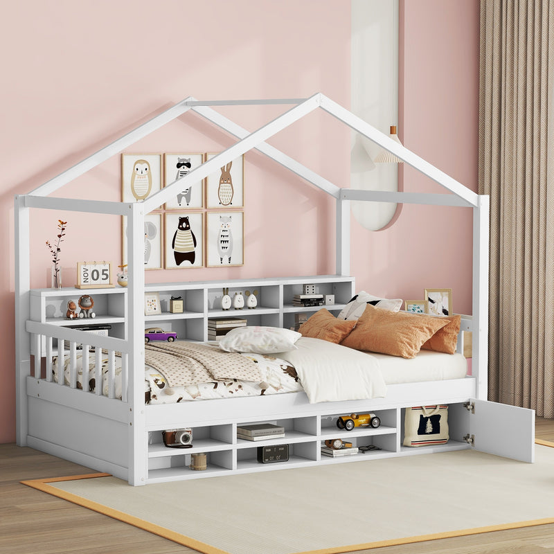 Twin Size Wooden House Bed with Shelves and a Mini-cabinet, White