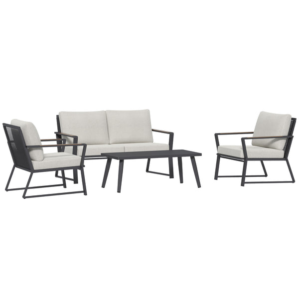 4 Piece Patio Furniture Set, Aluminum Conversation Set, Outdoor Garden Sofa Set with Armchairs, Loveseat, Center Coffee Table and Cushions, Cream White