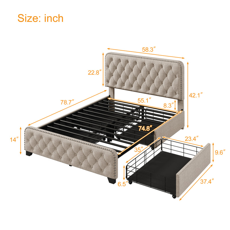 Upholstered Platform Bed Frame with Four Drawers, Button Tufted Headboard and Footboard Sturdy Metal Support, No Box Spring Required, Beige, Full (Old sku:BS300281AAA)