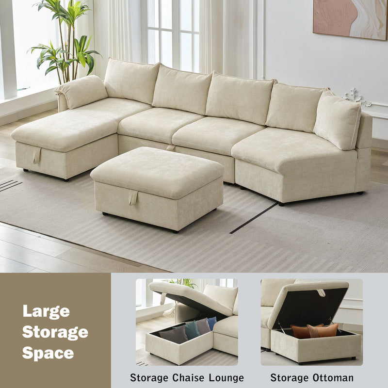 L-Shaped Sofa Sectional Sofa Couch Pull-Out Sofa Bed With A Movable Storage Ottoman, A Storage Chaise Lounge And Two USB Ports For Living Room