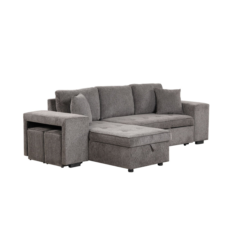 Modern L-Shape 3 Seat Reversible Sectional Couch, Pull Out Sleeper Sofa With Storage Chaise And 2 Stools For Living Room Furniture Set