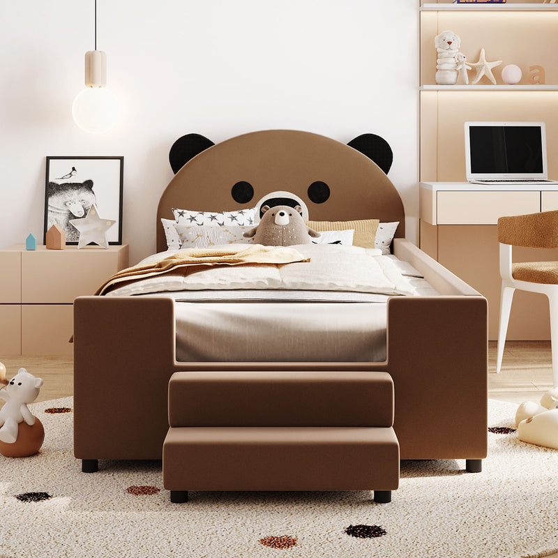 Twin Size Upholstered Daybed with Bear Shaped Headboard, Hydraulic System and Breathable Mesh Fence, Brown