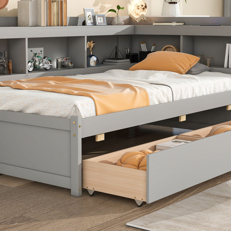 Twin Bed With L-Shaped Bookcases, Drawers - Gray