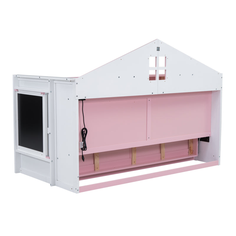 Wood Twin Size House Murphy Bed with USB, Storage Shelves and Blackboard, Pink+White