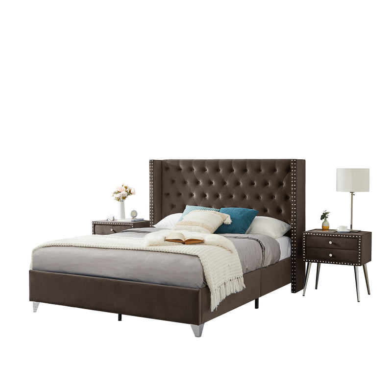 B100S Queen bed with two nightstands, Button designed Headboard,strong wooden slats + metal legs with Electroplate