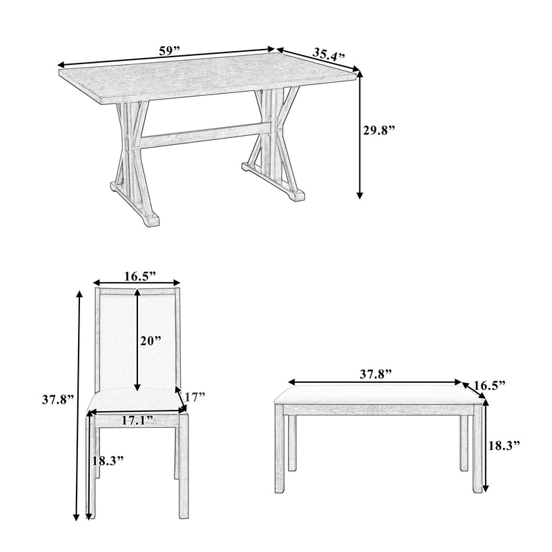 Topmax - 6 Piece Farmhouse Classical Dining Table Set With Trestle Legs, Kitchen Table Set For 6 With 4 Upholstered Dining Chairs And Bench