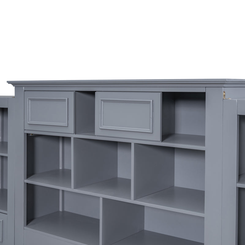 Twin Size Wood Platformbed with Vertical All-in-One Cabinet and 4 Drawers on each side, Gray