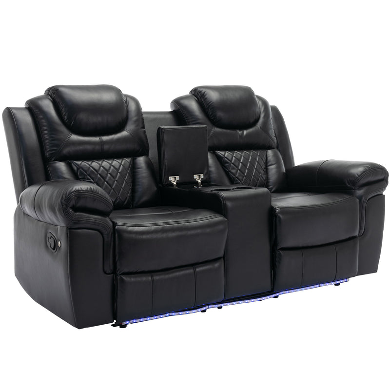 Home Theater Seating Manual Recliner Loveseat With Hide-Away Storage, Cup Holders And Led Light Strip For Living Room