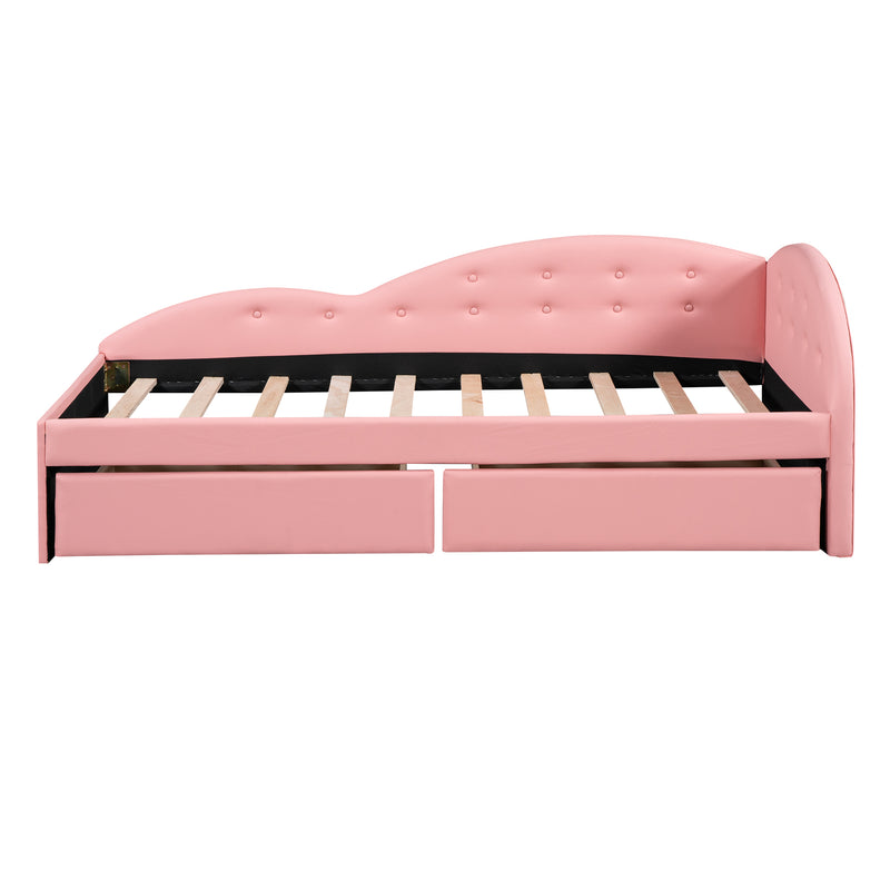 Twin Size PU Upholstered Tufted Daybed with Two Drawers and Cloud Shaped Guardrail, Pink