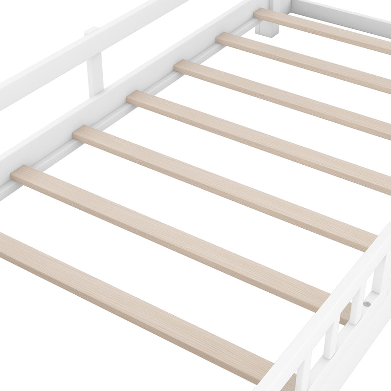 Wood Twin Size Platform Bed with Built-in LED Light, Storage Headboard and Guardrail, White