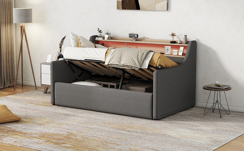 Twin Size Daybed with Hydraulic Storage, Upholstered Daybed with Lift Up Storage, Twin Linen Daybed with Charging Station and LED Lights,Gray(Expect arrival date 2024.2.20)