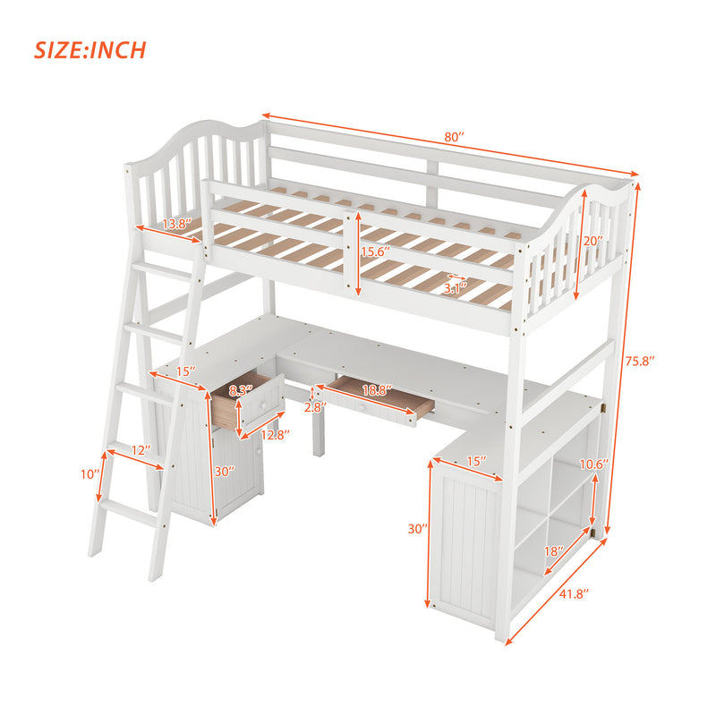 Twin size Loft Bed with Drawers, Cabinet, Shelves and Desk, Wooden Loft Bed with Desk - White(OLD SKU :LT000505AAK)