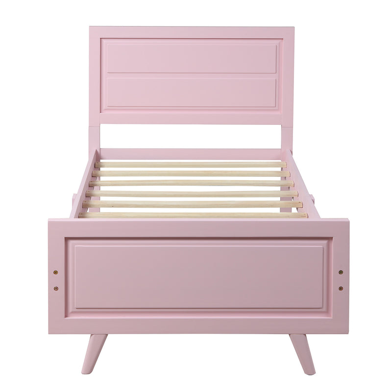 Wood Platform Bed Twin Bed Frame Mattress Foundation with Headboard and Wood Slat Support (Pink)