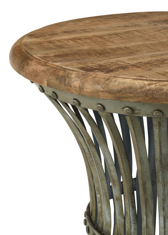 Matyas - Round Accent Table With Natural Top And Blue Distressed Base