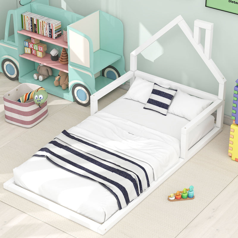 Twin Size Wood Floor Bed with House-shaped Headboard, White