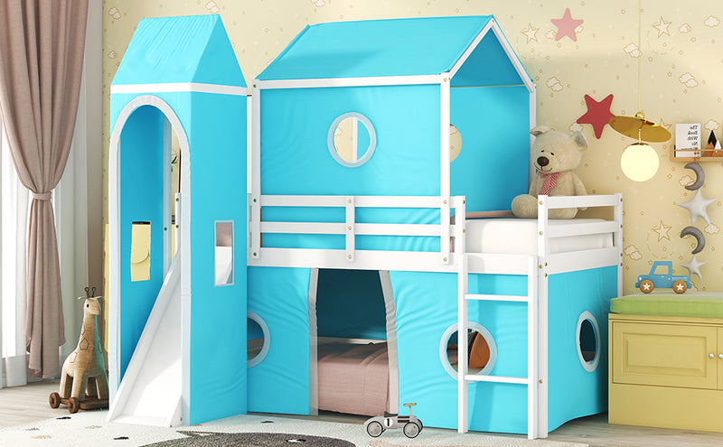 Twin Size Bunk Bed with Slide Blue Tent and Tower - Blue