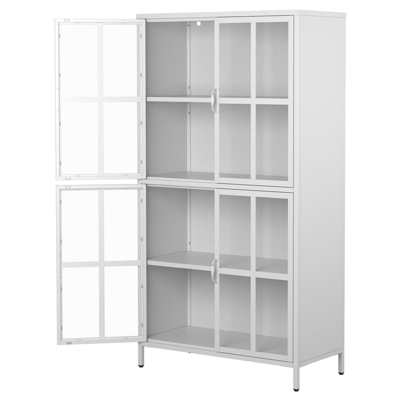 Premium Metal Storage Cabinet With Tempered Glass Doors, Adjustable Shelves, Anti-Tipping Device, Magnetic Silent Closure, And Adjustable Feet For Home And Office Use