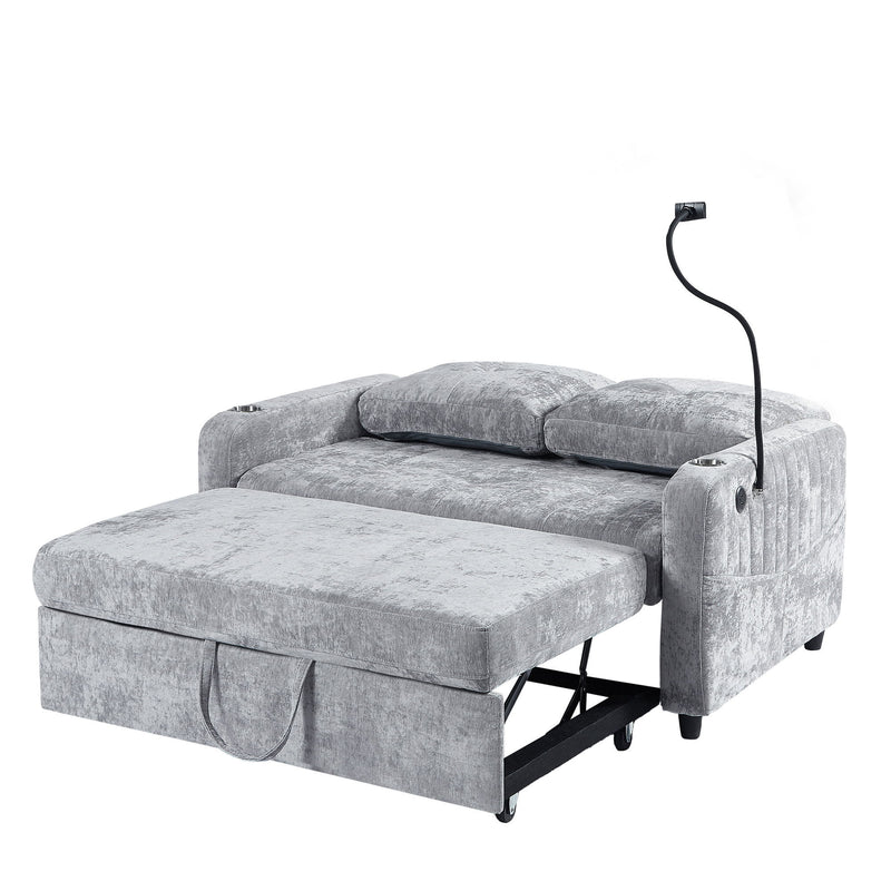 Modern Loveseat Pull Out Sofa Bed With Adjustable Backrest, Two Cup Holders, A Phone Holder, Three Charging Ports And Side Storage Pockets For Living Room