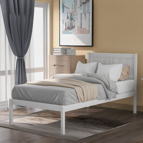 Twin Size Platform Bed With Headboard - White