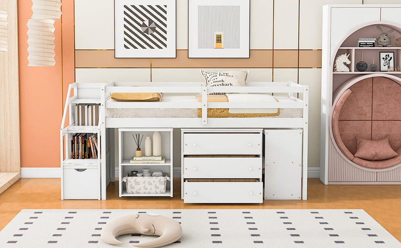 Twin Size Loft Bed with Retractable Writing Desk and 3 Drawers, Wooden Loft Bed with Storage Stairs and Shelves, White