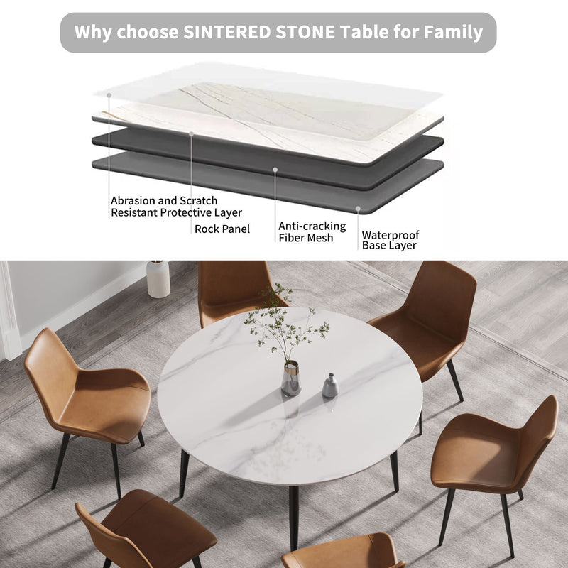 Modern Man-Made Stone Round Metal Dining Table-Position For 6 People