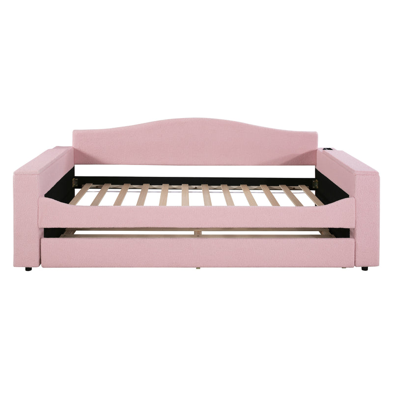 Twin Size Upholstered Daybed with Storage Armrests, Trundle and Latest Integrated Bluetooth Audio System, Teddy Fleece, Pink