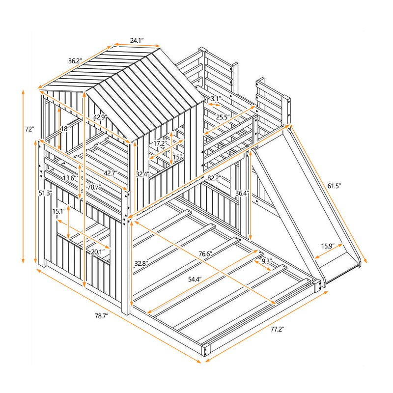 Wooden Twin Over Full Bunk Bed, Loft Bed with Playhouse, Farmhouse, Ladder, Slide and Guardrails, Antique Gray(OLD SKU :LT000028AAE)