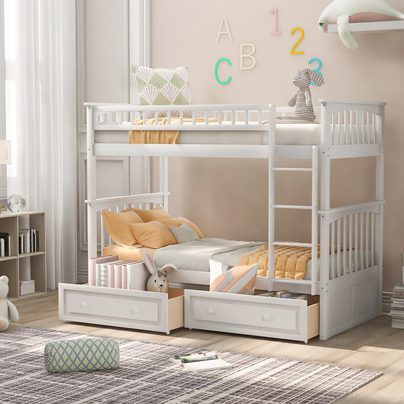 Twin over Twin Bunk Bed with Drawers, Convertible Beds, White(Old SKU: SM000240AAK-1)