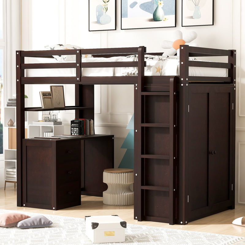 Twin size Loft Bed with Drawers,Desk,and Wardrobe-Espresso