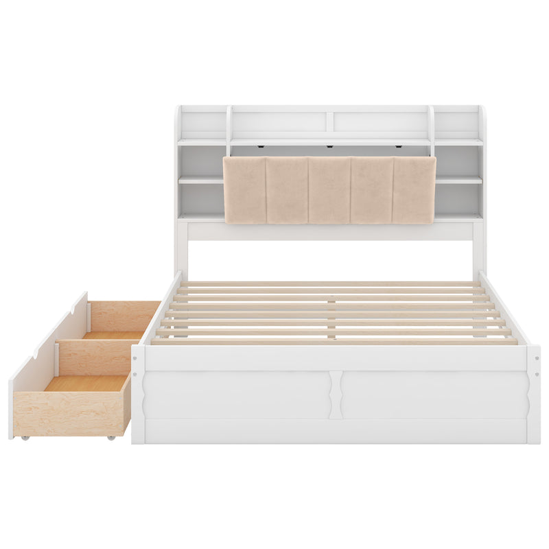 Wood Queen Size Platform Bed with Storage Headboard, Shelves and 2 Drawers, White