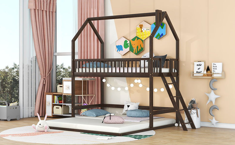 Twin Over Twin-Twin House Bunk Bed With Extending Trundle And Ladder - Espresso