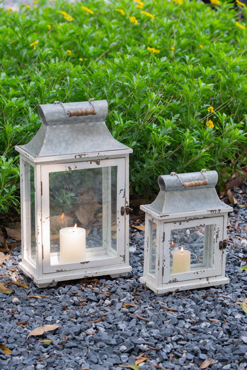 Wooden Candle Lantern Decorative, Hurricane Lantern Holder Decor For Indoor Outdoor, Home Garden Wedding (Set of 2) - White