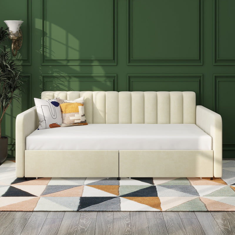 Flora - Upholstered Daybed With 2 Drawers Ribbed Tufted Backrest in Lavish Modern Design