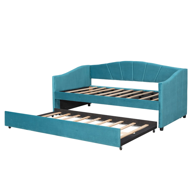 Twin Size Upholstered Daybed Sofa Bed With Trundle Bed And Wood Slat - Blue