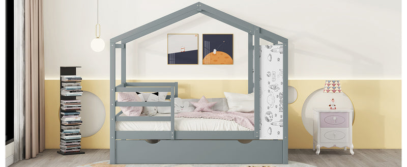 Twin Size Wood House Bed with Fence and Writing Board, Gray