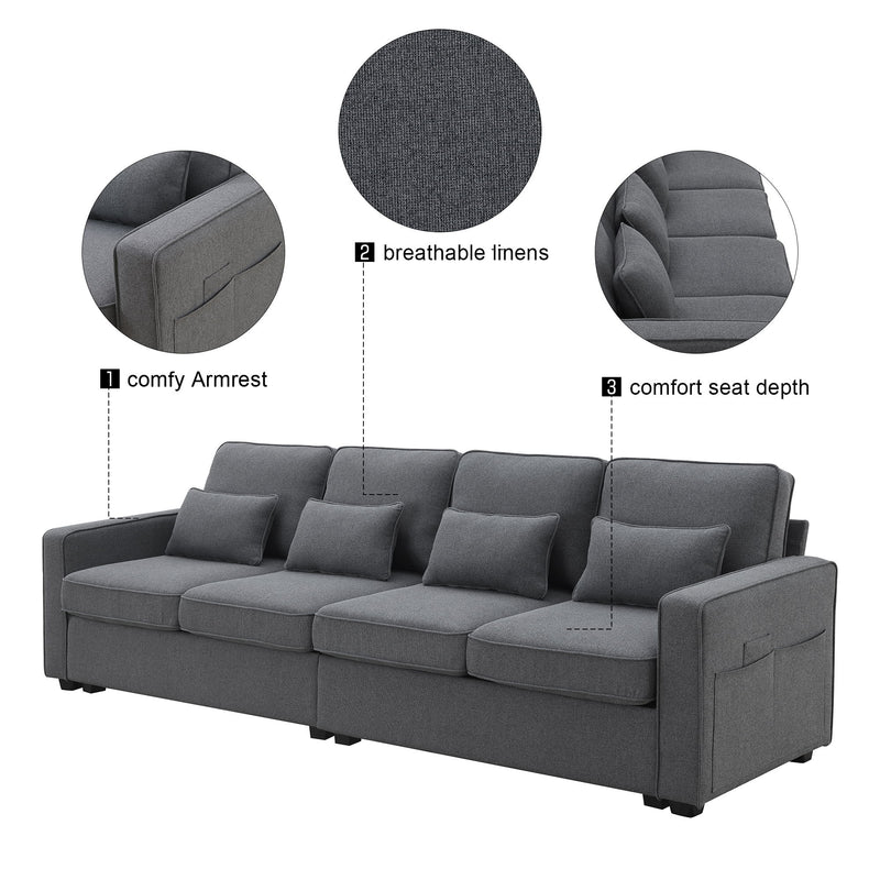 4 Seater Modern Linen Sofa With Armrest Pockets And 4 Pillows, Minimalist Style Couch For Living Room