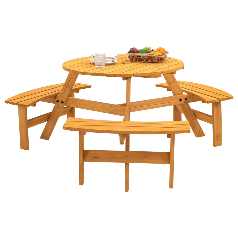 6 Person Circular Outdoor Wooden Picnic Table For Patio, Backyard, Garden, Diy With 3 Built-In Benches, 1720Lb Capacity - Natural