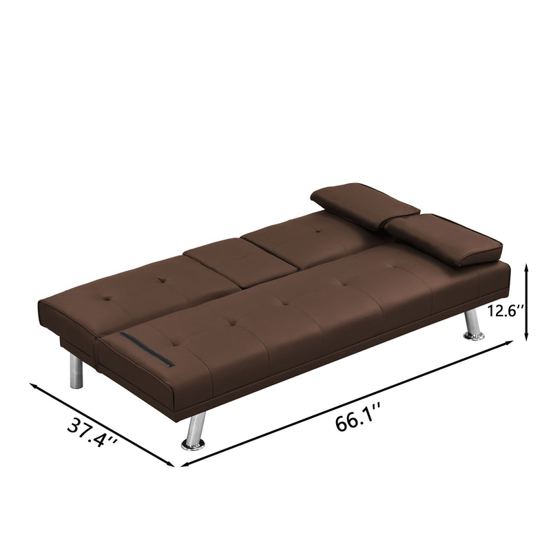 Futon Sofa Bed With Armrest Two Holders Wood Frame, Stainless Leg - Brown