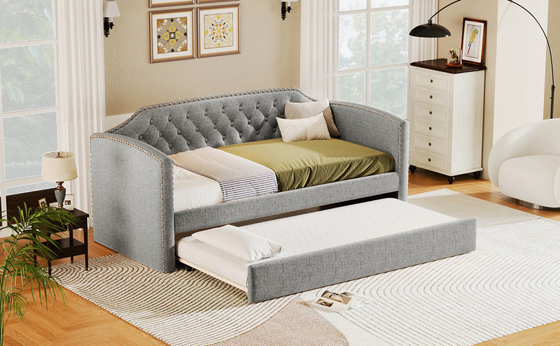 Twin Size Upholstered Daybed with Trundle for Guest Room, Small Bedroom, Study Room, Gray