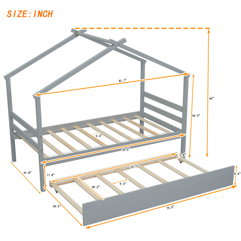 Twin Size  House-shaped Bed with Trundle,Grey