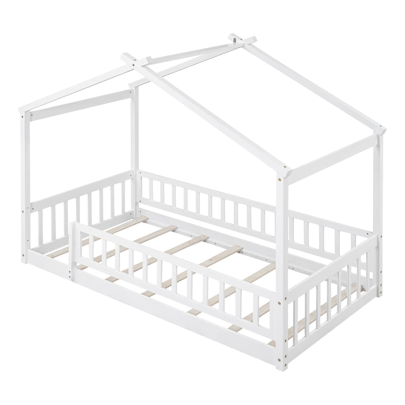 Twin Size Wood Bed House Bed Frame with Fence, for Kids, Teens, Girls, Boys,White