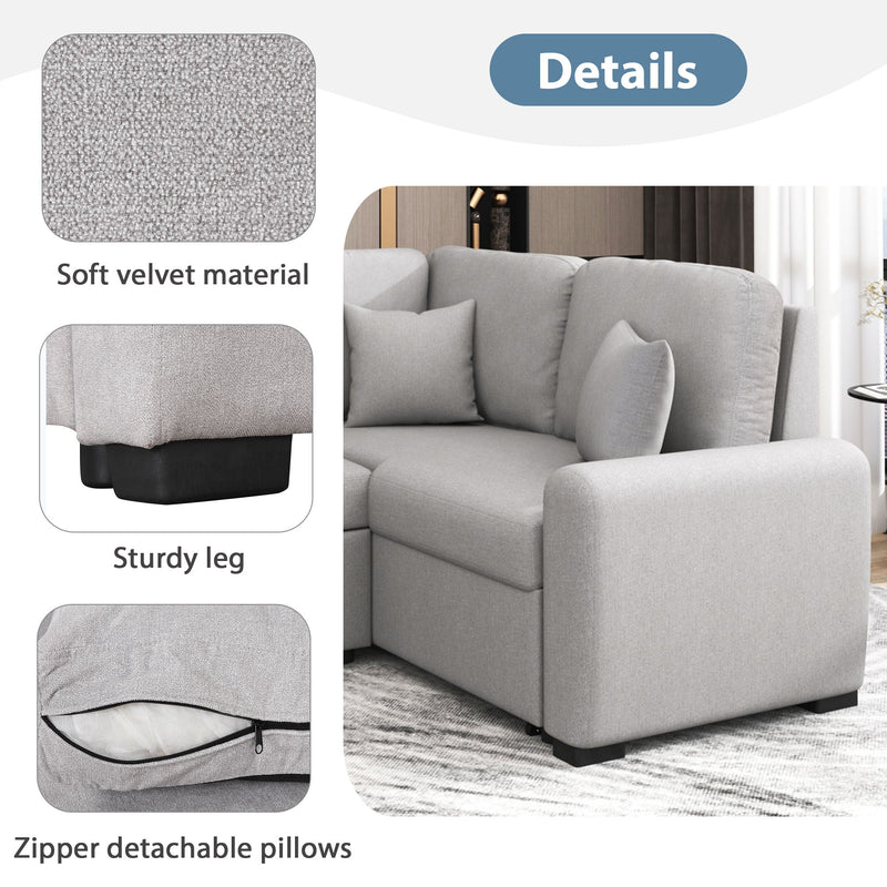 Sectional Sleeper Sofa With USB Charging Port And Plug Outlet, Pull-Out Sofa Bed With 3 Pillows, L-Shape Chaise For Living Room Small Apartment