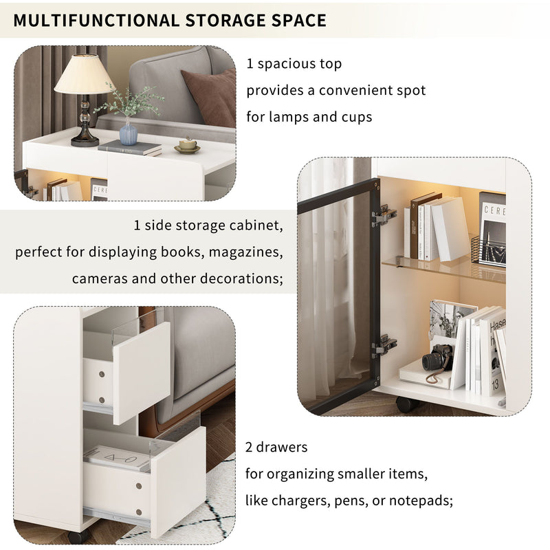 Modern End Table With Led Light And Wheels, Side Table With Transparent Brown Glass Door, 2 Storage Shelves And Drawers For Living Room