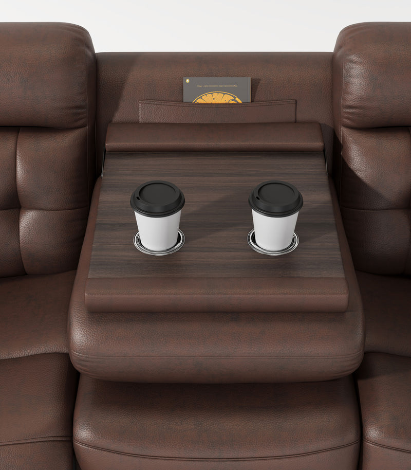 Genuine Leather Non-Power Reclining Sofa With Drop Down Table, Stainless Steel Cupholders And Magazine Bag